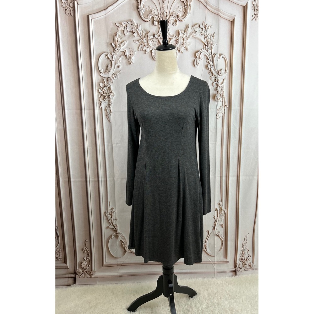 Vestique Gray Long Sleeve Dress Casual‎ Fall Winter Fit and Flare Midi Dress